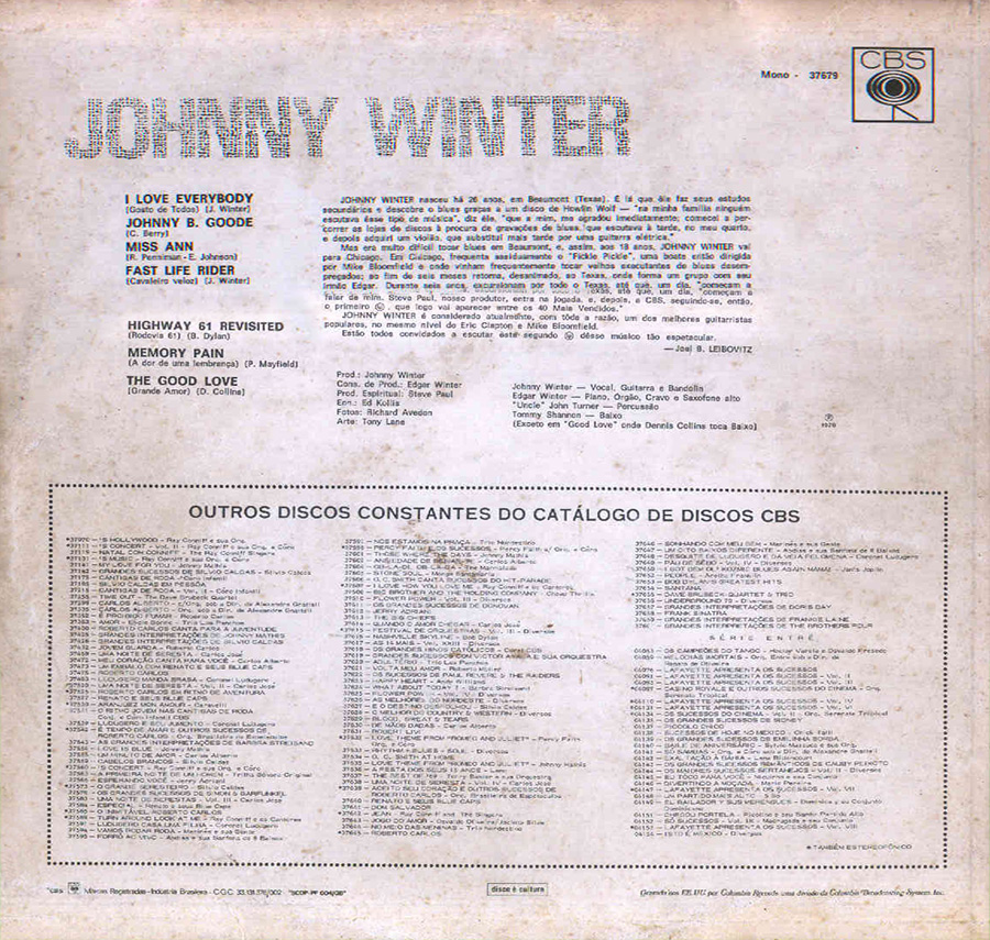 JOHNNY WINTER - Second Winter back cover